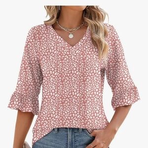 Elegant Pink Patterned V-Neck Blouse